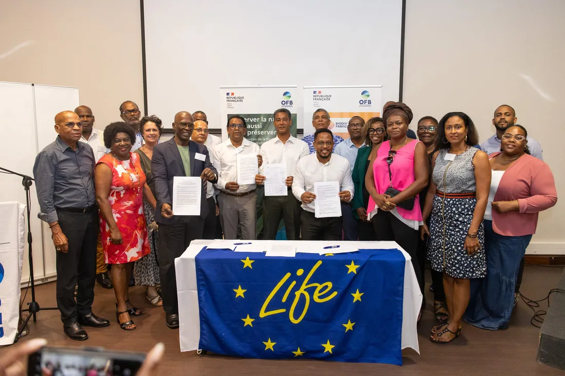 Les élus présentent la Déclaration des Antilles signée, autour d'une table couverte du drapeau LIFE